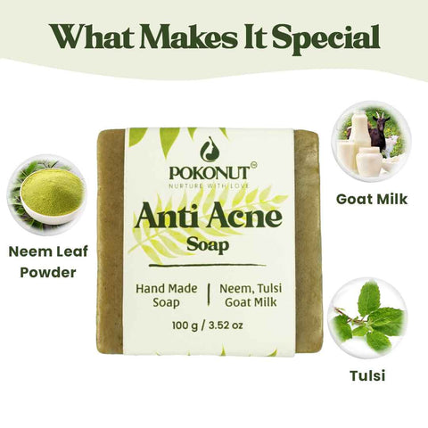 A herbal anti-acne soap bar with Neem, Tulsi, and Goat Milk ingredients for clear and healthy skin