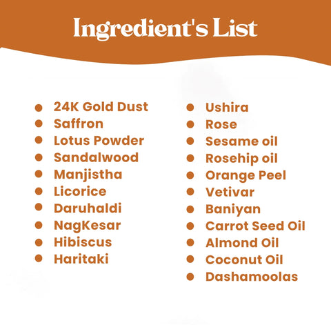 kesar, lotus powder, almond oil, coconut oil,orange peel, 24k kumkumadi oil